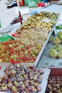 From bottom to top:  mangosteen, rambutan, lychee, mango, and ? The spikey green thing on the right are smelly durians.